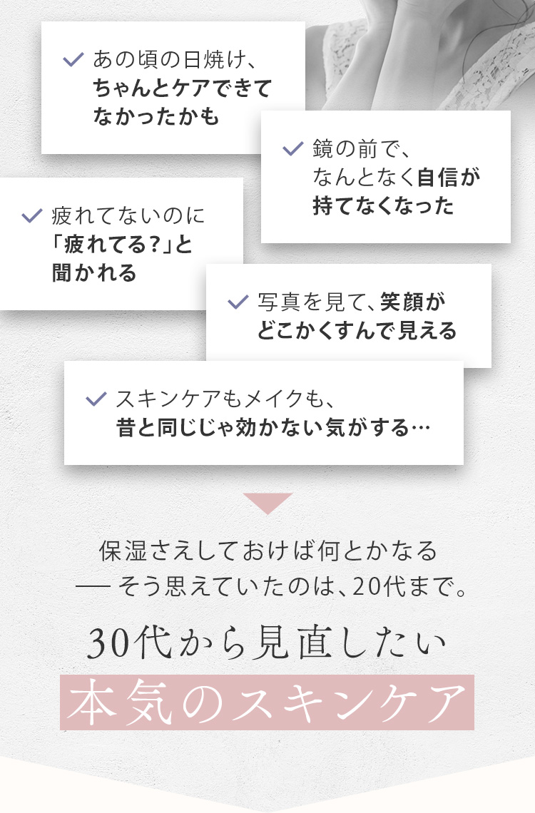 あの頃の日焼け、ちゃんとケアできてなかったかも 鏡の前で、なんとなく自信が持てなくなった 疲れてないのに「疲れてる？」と聞かれる 写真を見て、笑顔がどこかくすんで見える スキンケアもメイクも、昔と同じじゃ効かない気がする… 保湿さえしておけば何とかなるそう思えていたのは、20代まで。30代から見直したい本気のスキンケア