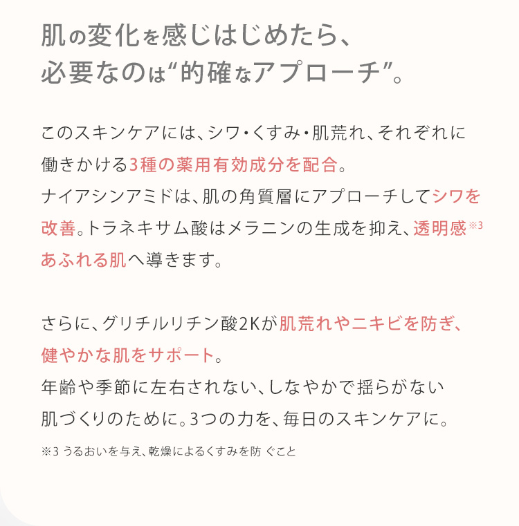 肌の変化を感じはじめたら、必要なのは“的確なアプローチ”。このスキンケアには、シワ・くすみ・肌荒れ、それぞれに働きかける3種の薬用有効成分を配合。ナイアシンアミドは、肌の角質層にアプローチしてシワを改善。トラネキサム酸はメラニンの生成を抑え、透明感※3あふれる肌へ導きます。さらに、グリチルリチン酸2Kが肌荒れやニキビを防ぎ、健やかな肌をサポート。年齢や季節に左右されない、しなやかで揺らがない肌づくりのために。3つの力を、毎日のスキンケアに