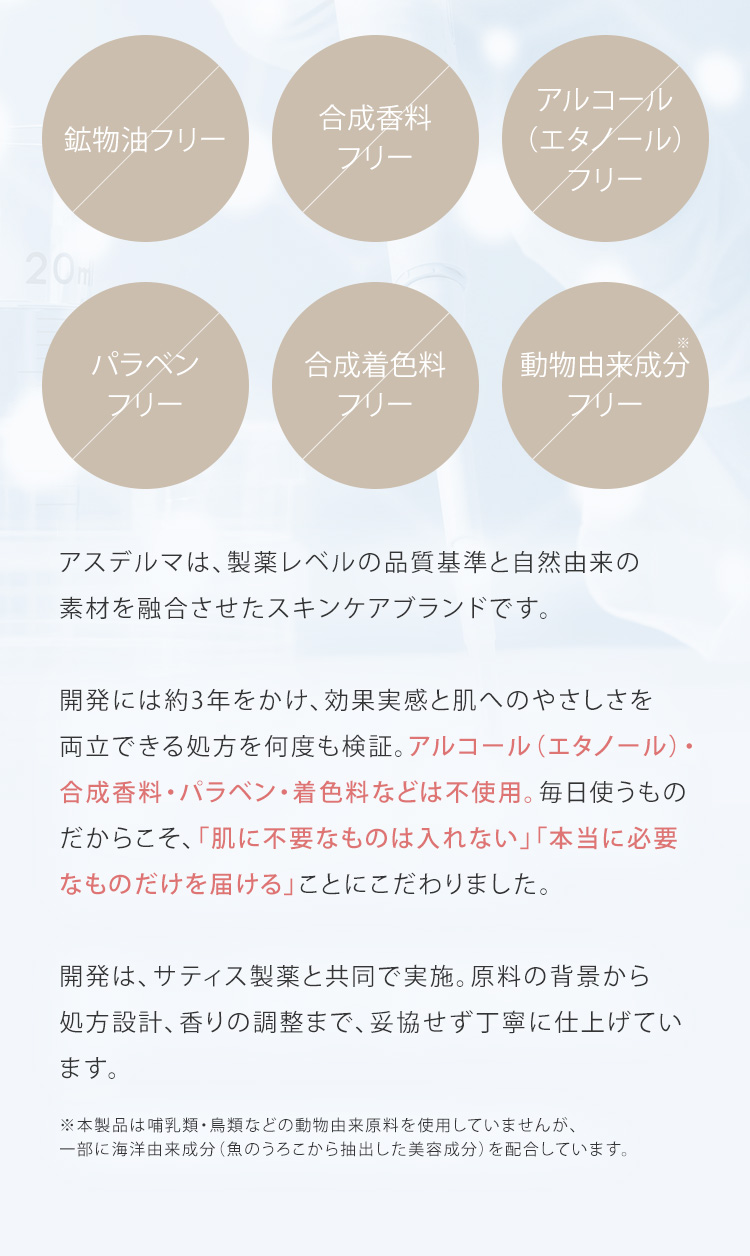 アスデルマは、製薬レベルの品質基準と自然由来の素材を融合させたスキンケアブランドです。開発には約3年をかけ、効果実感と肌へのやさしさを両立できる処方を何度も検証。アルコール（エタノール）・合成香料・パラベン・着色料などは不使用。毎日使うものだからこそ、「肌に不要なものは入れない」「本当に必要なものだけを届ける」ことにこだわりました。開発は、サティス製薬と共同で実施。原料の背景から処方設計、香りの調整まで、妥協せず丁寧に仕上げています。